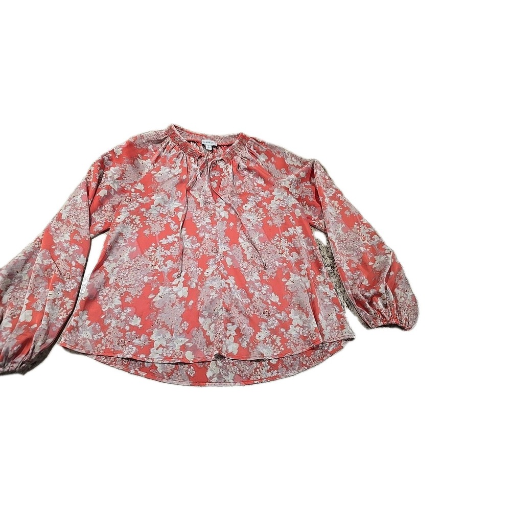 Evereve Keira Smocked Satin Long Sleeve Coral Floral Blouse |M|